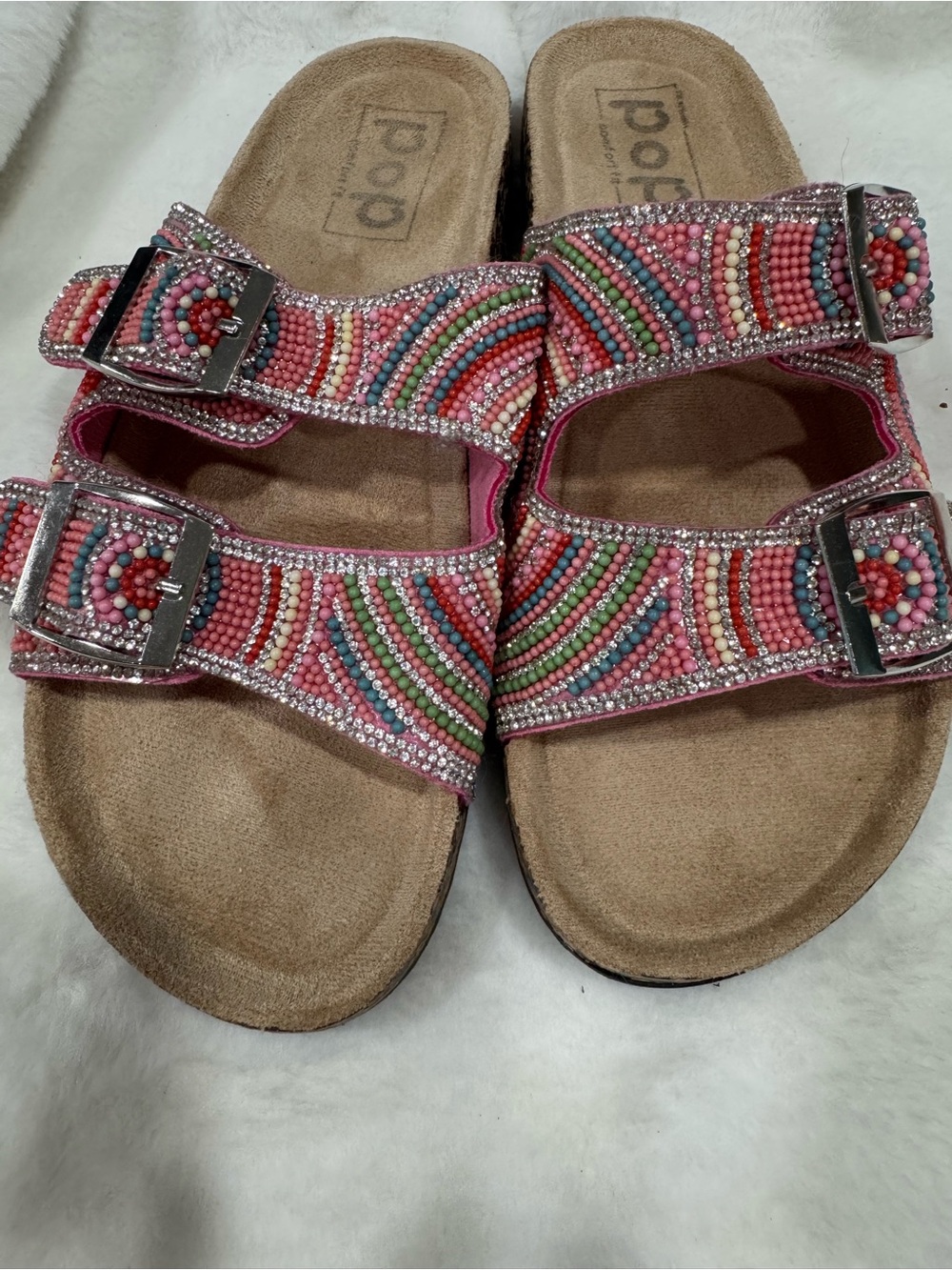 NWOT-Pop Pink Beaded Double-Buckle Slide Sandals-Size 9